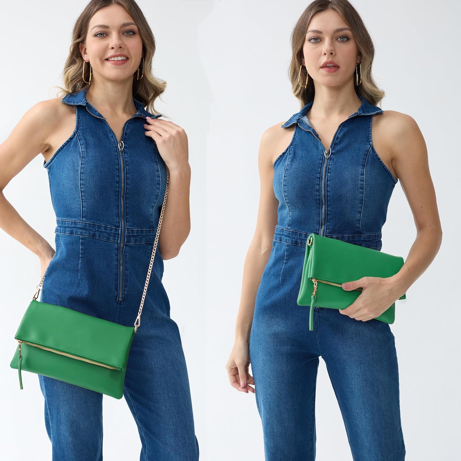image:imageWomens Zipper Foldover Clutch Vegan Leather Envelope Cross body Bag with Chain StrapGreen