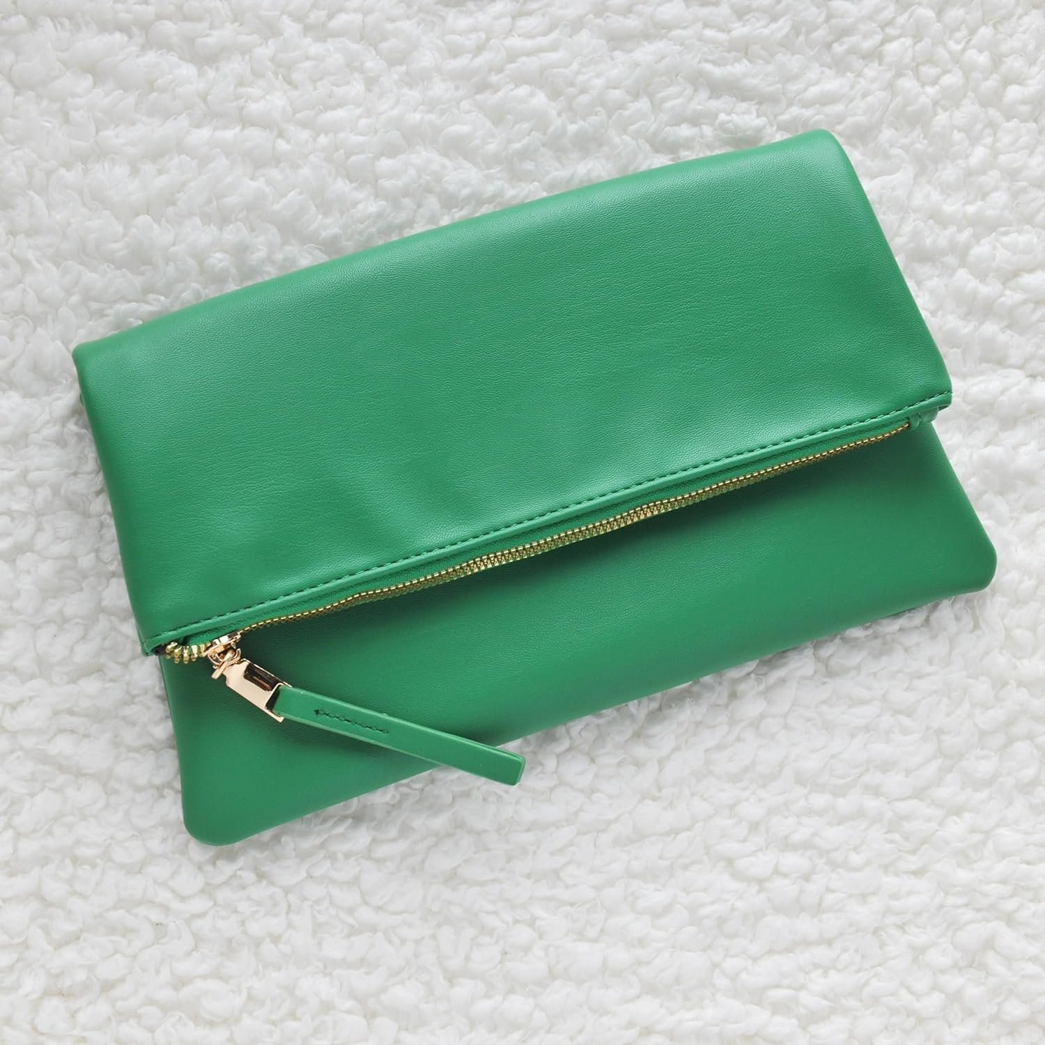 image:imageWomens Zipper Foldover Clutch Vegan Leather Envelope Cross body Bag with Chain StrapGreen