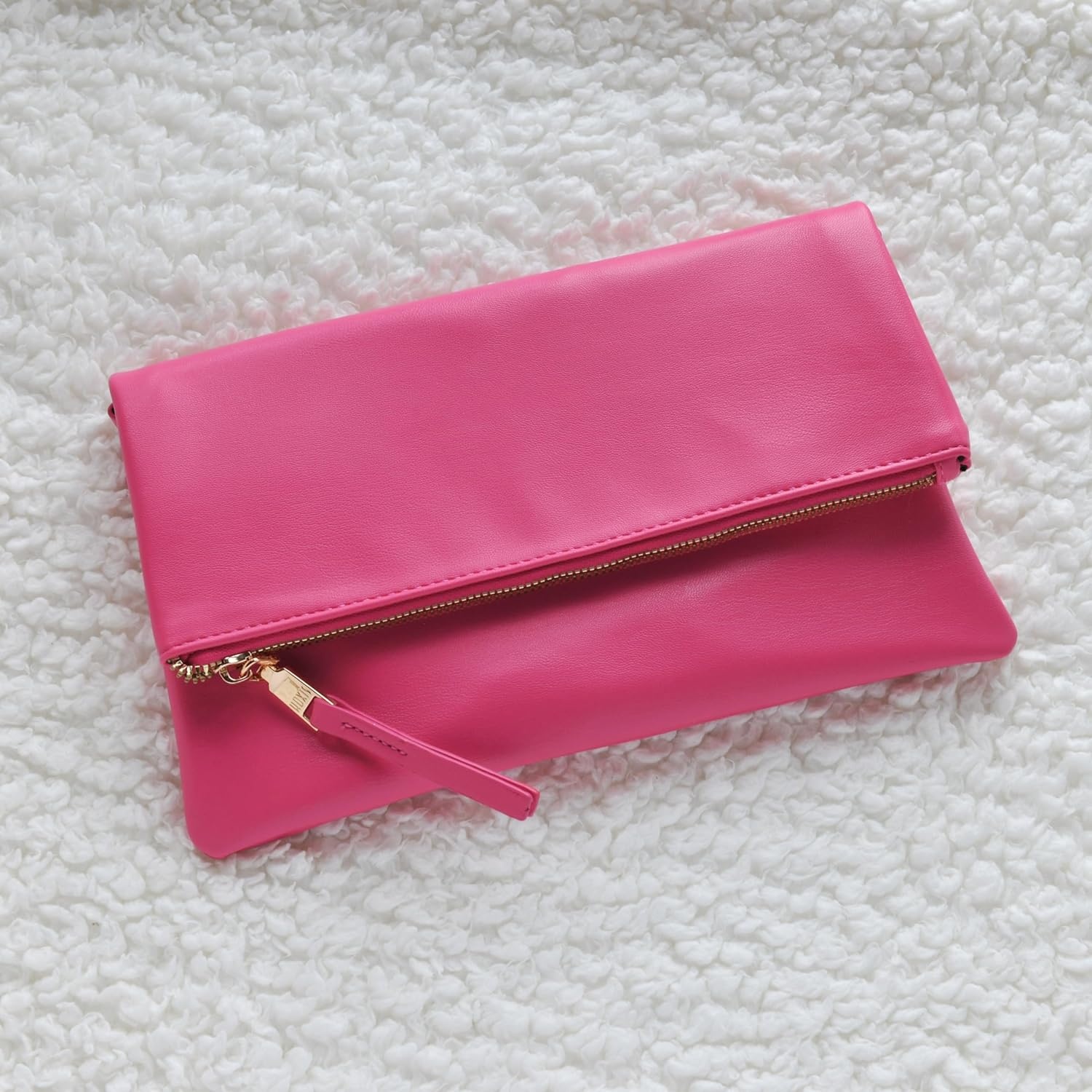 image:imageWomens Zipper Foldover Clutch Vegan Leather Envelope Cross body Bag with Chain StrapHot Pink