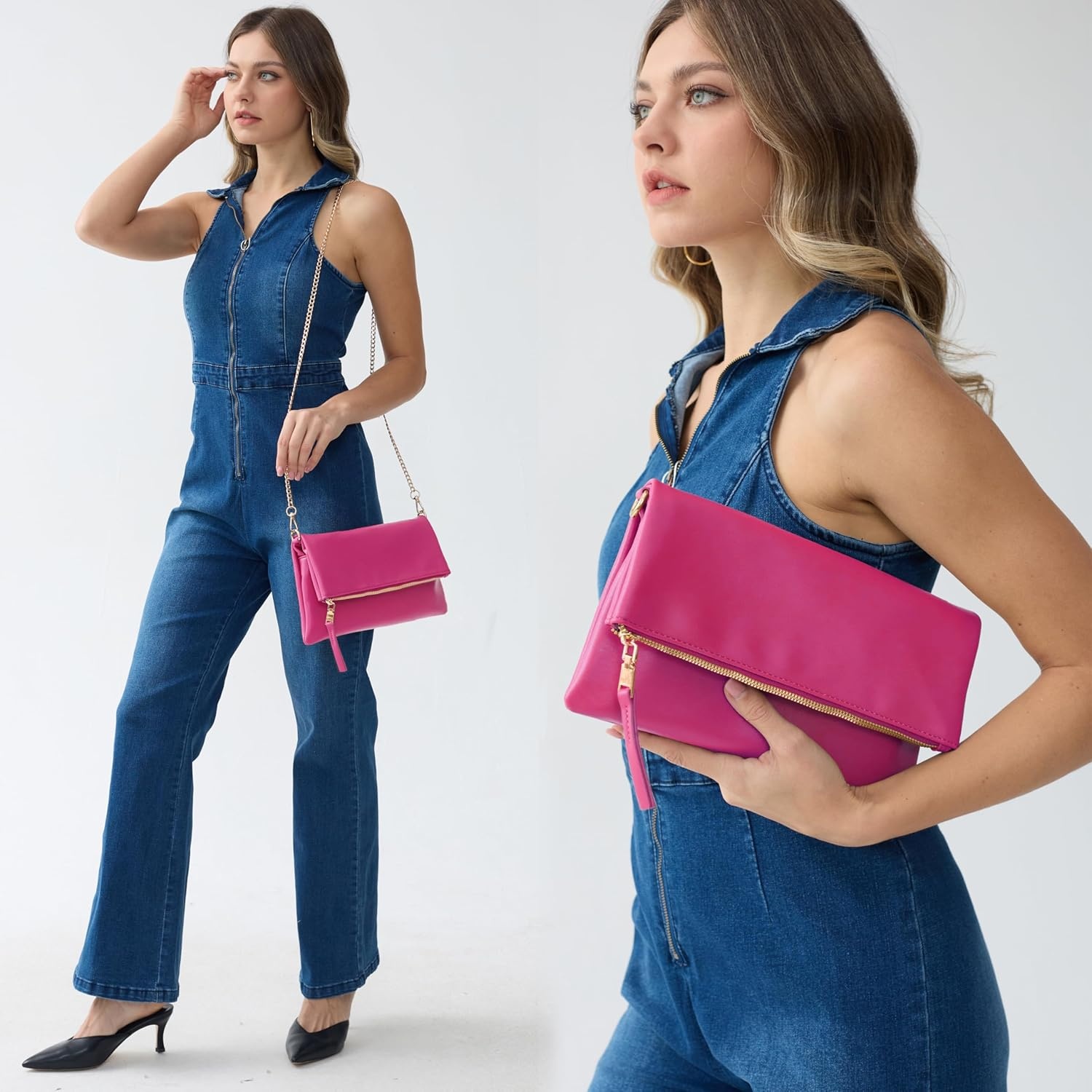 image:imageWomens Zipper Foldover Clutch Vegan Leather Envelope Cross body Bag with Chain StrapHot Pink