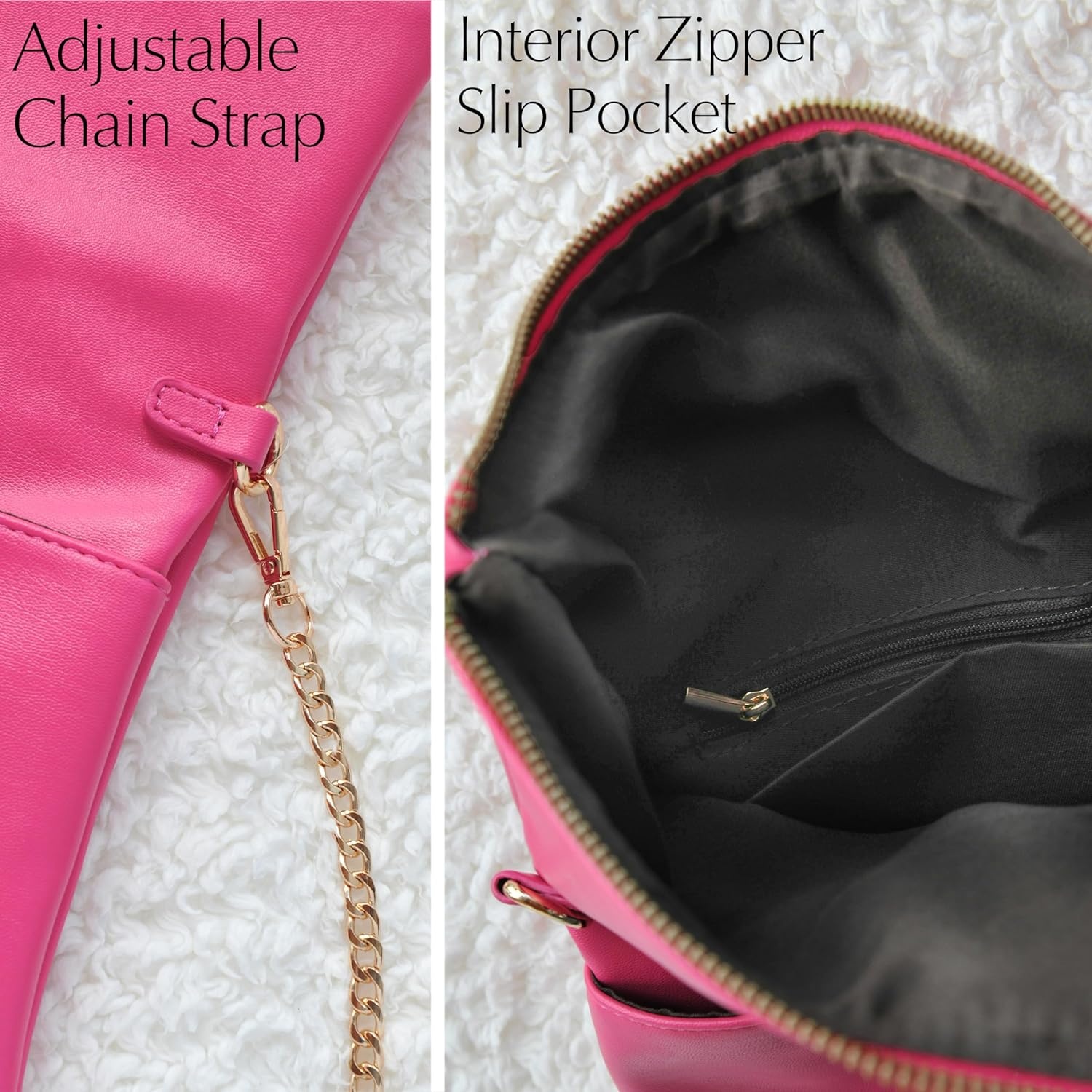 image:imageWomens Zipper Foldover Clutch Vegan Leather Envelope Cross body Bag with Chain StrapHot Pink