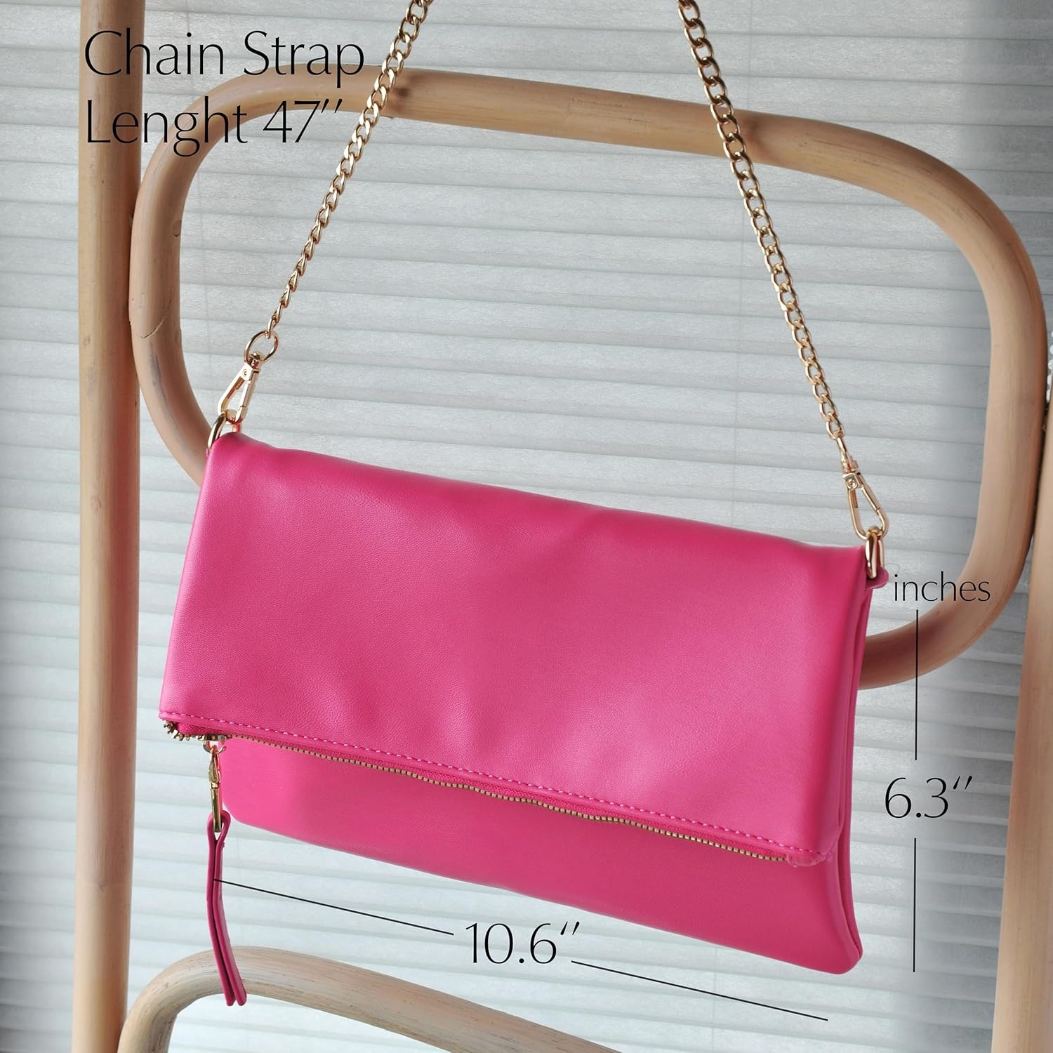 image:imageWomens Zipper Foldover Clutch Vegan Leather Envelope Cross body Bag with Chain StrapHot Pink