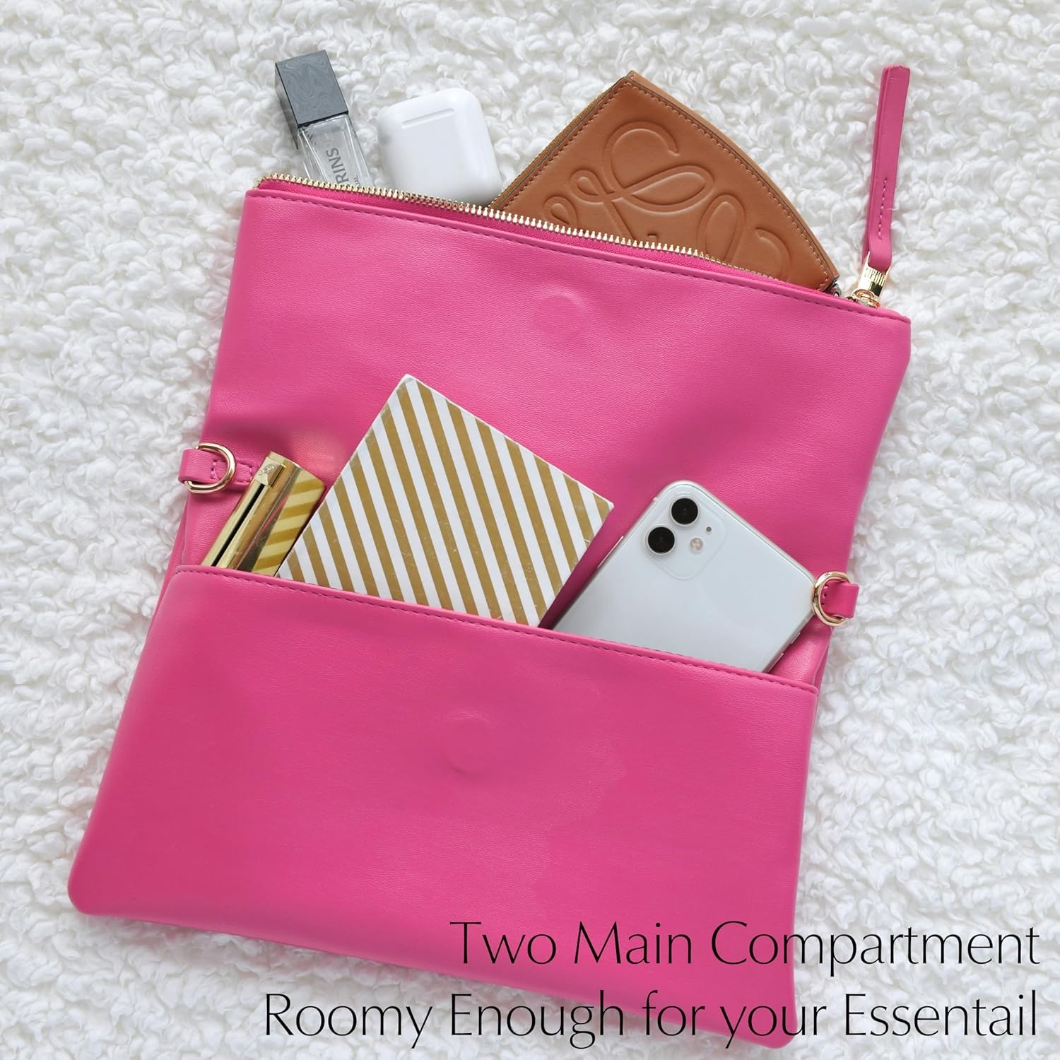 image:imageWomens Zipper Foldover Clutch Vegan Leather Envelope Cross body Bag with Chain StrapHot Pink
