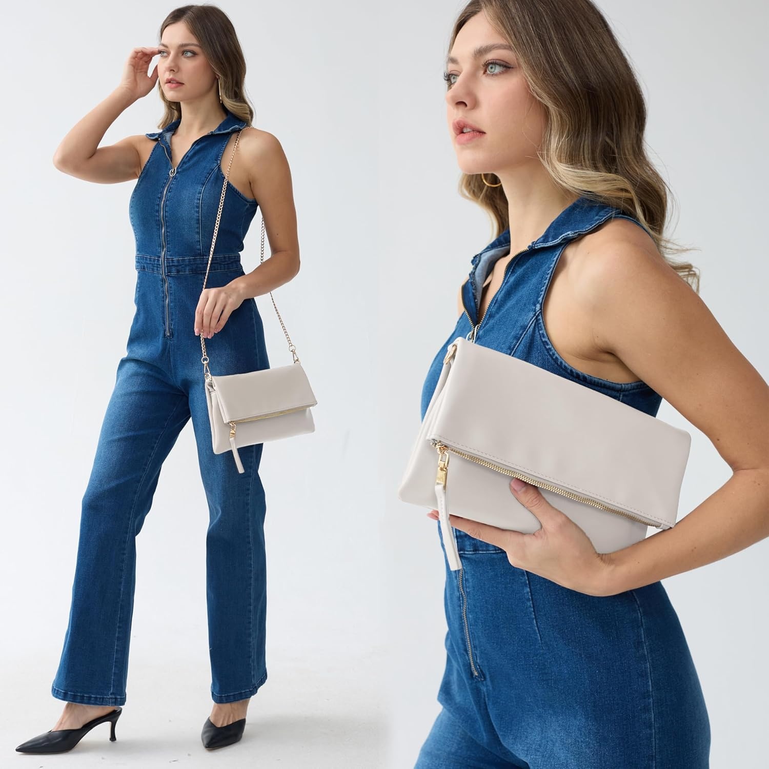 image:imageWomens Zipper Foldover Clutch Vegan Leather Envelope Cross body Bag with Chain StrapIvory