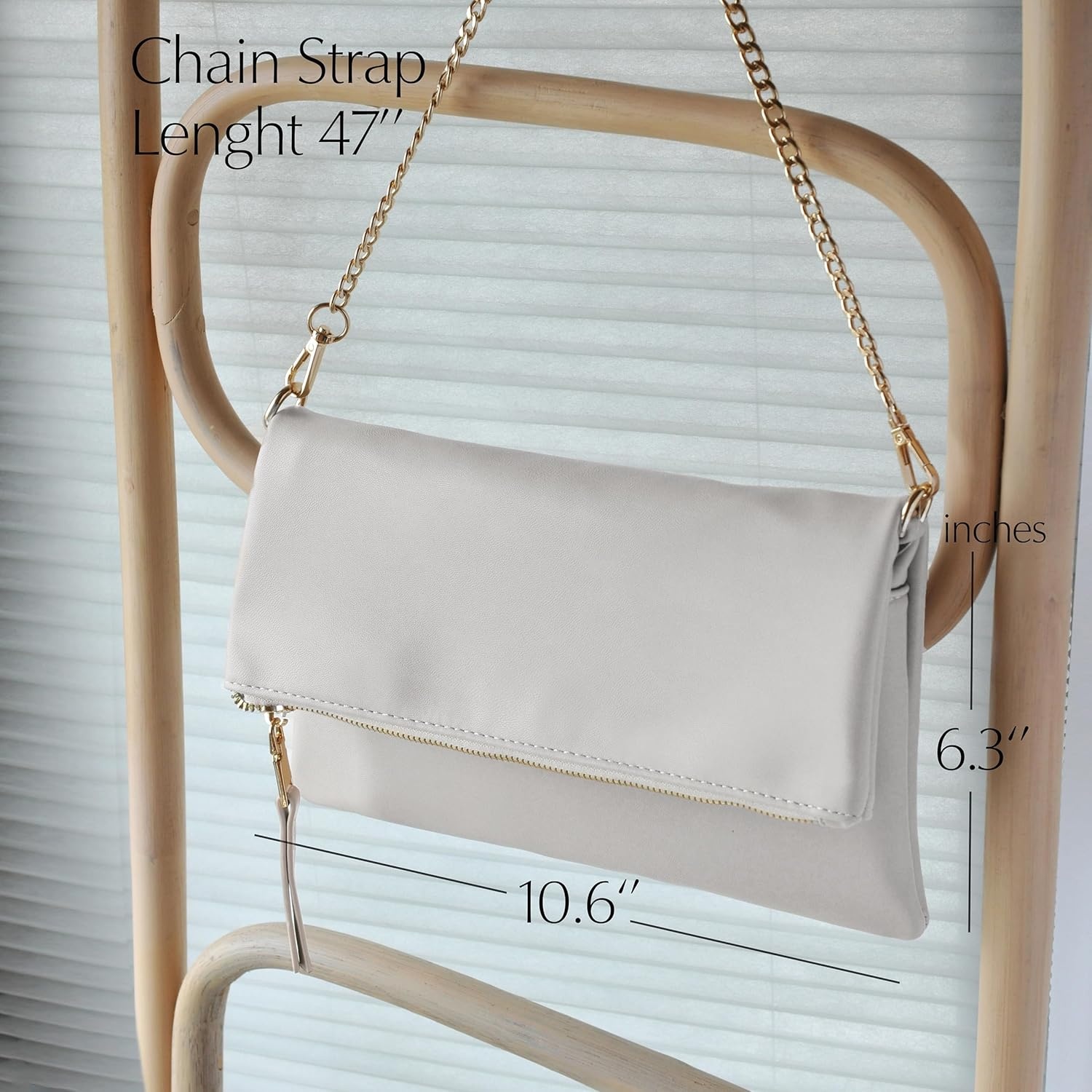 image:imageWomens Zipper Foldover Clutch Vegan Leather Envelope Cross body Bag with Chain StrapIvory