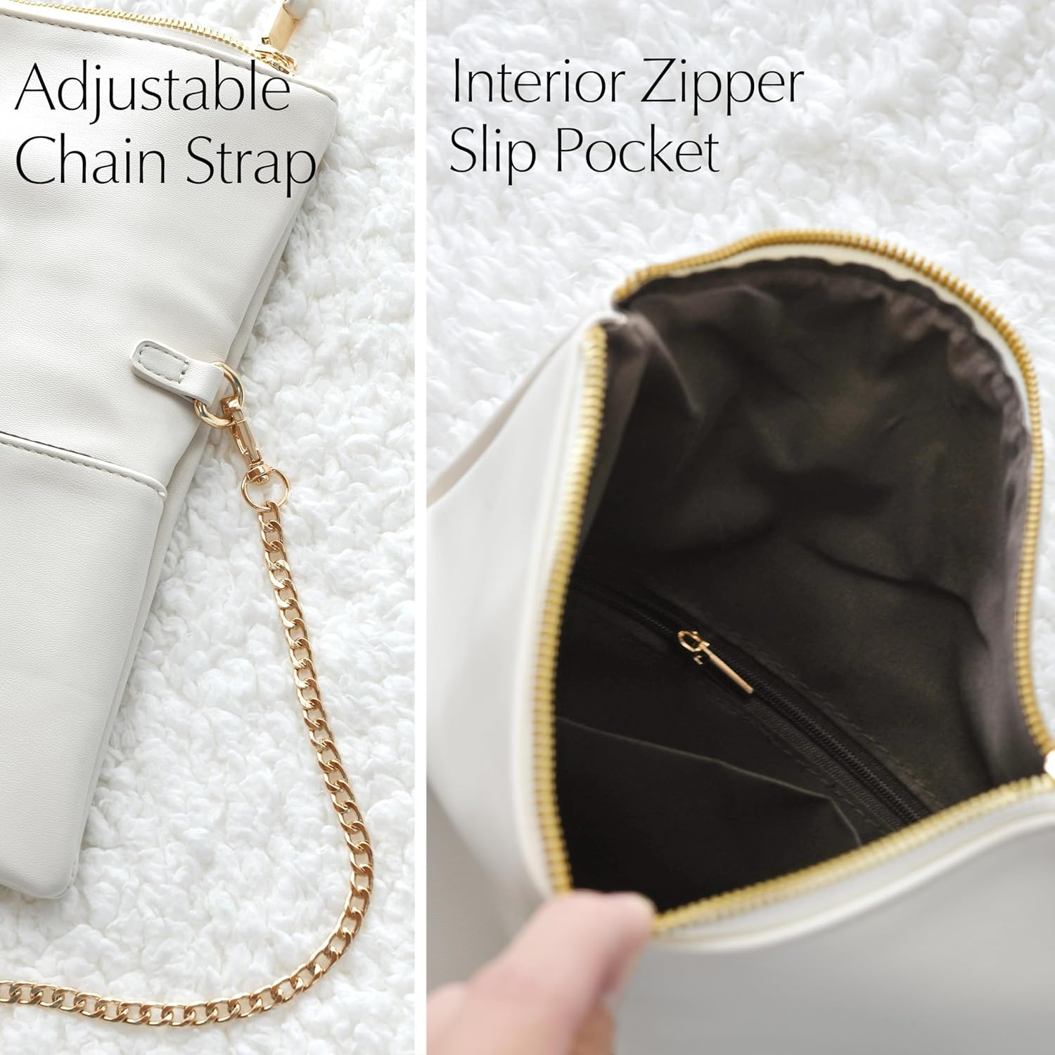 image:imageWomens Zipper Foldover Clutch Vegan Leather Envelope Cross body Bag with Chain StrapIvory