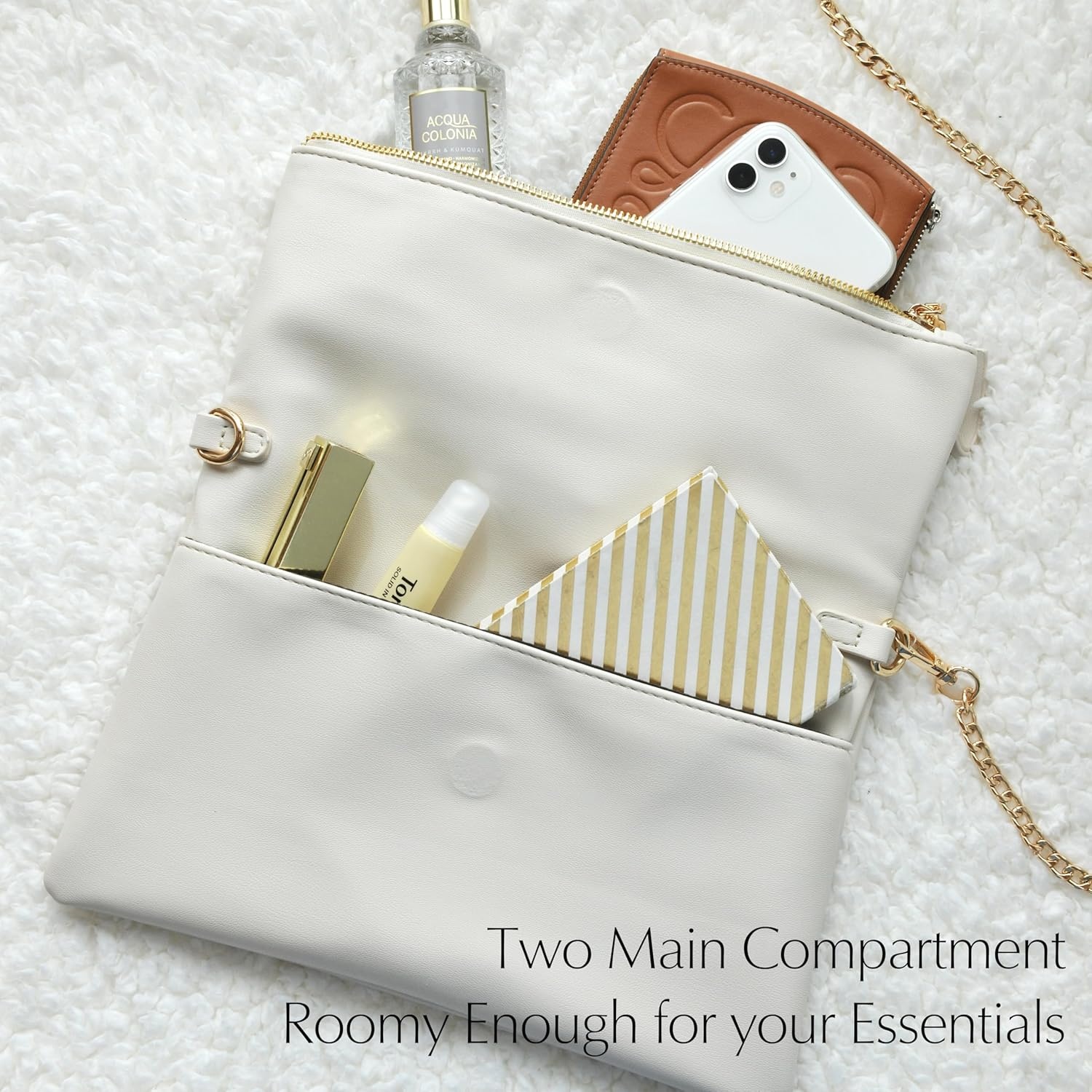 image:imageWomens Zipper Foldover Clutch Vegan Leather Envelope Cross body Bag with Chain StrapIvory