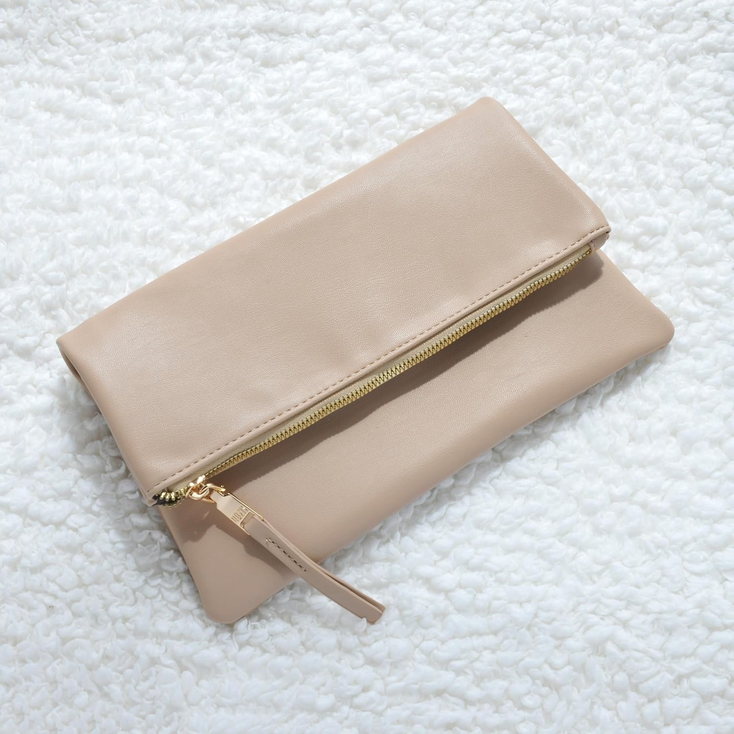 image:imageWomens Zipper Foldover Clutch Vegan Leather Envelope Cross body Bag with Chain StrapNude