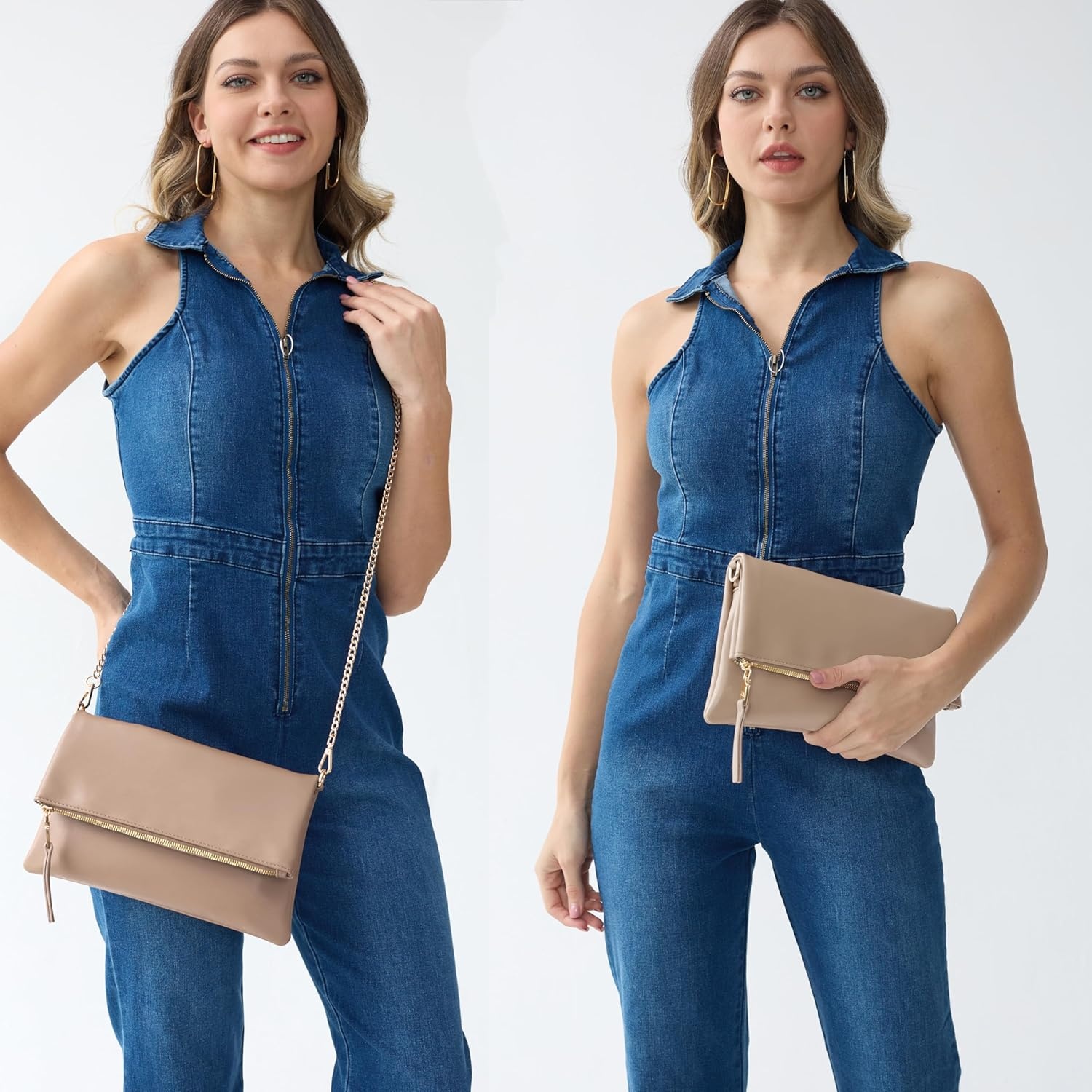 image:imageWomens Zipper Foldover Clutch Vegan Leather Envelope Cross body Bag with Chain StrapNude