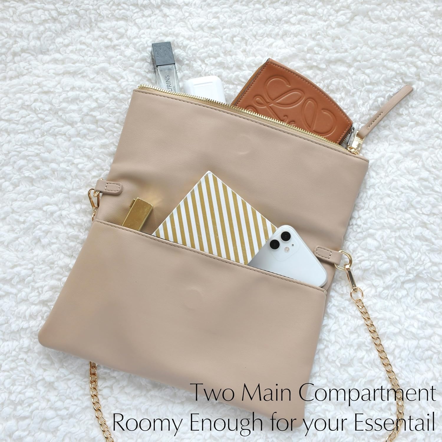 image:imageWomens Zipper Foldover Clutch Vegan Leather Envelope Cross body Bag with Chain StrapNude