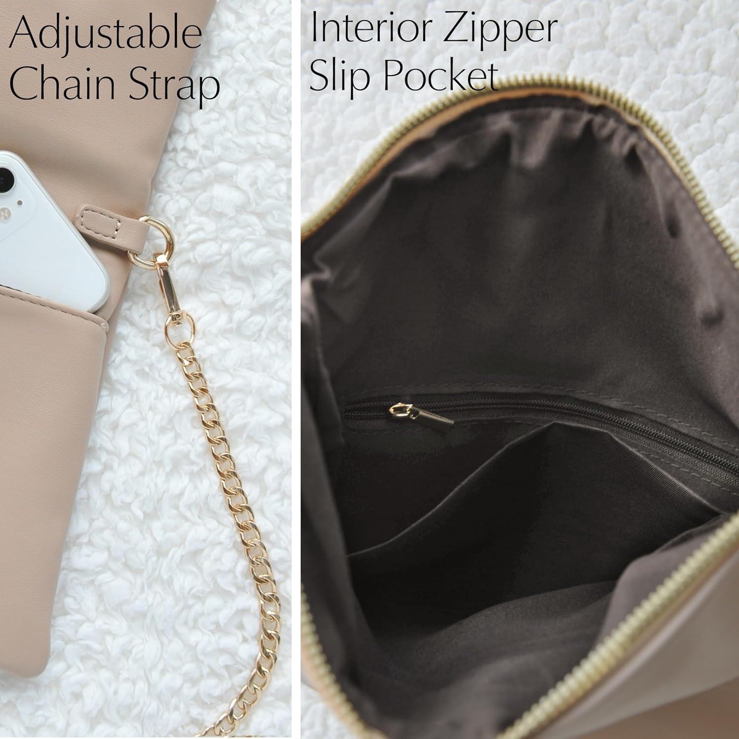 image:imageWomens Zipper Foldover Clutch Vegan Leather Envelope Cross body Bag with Chain StrapNude