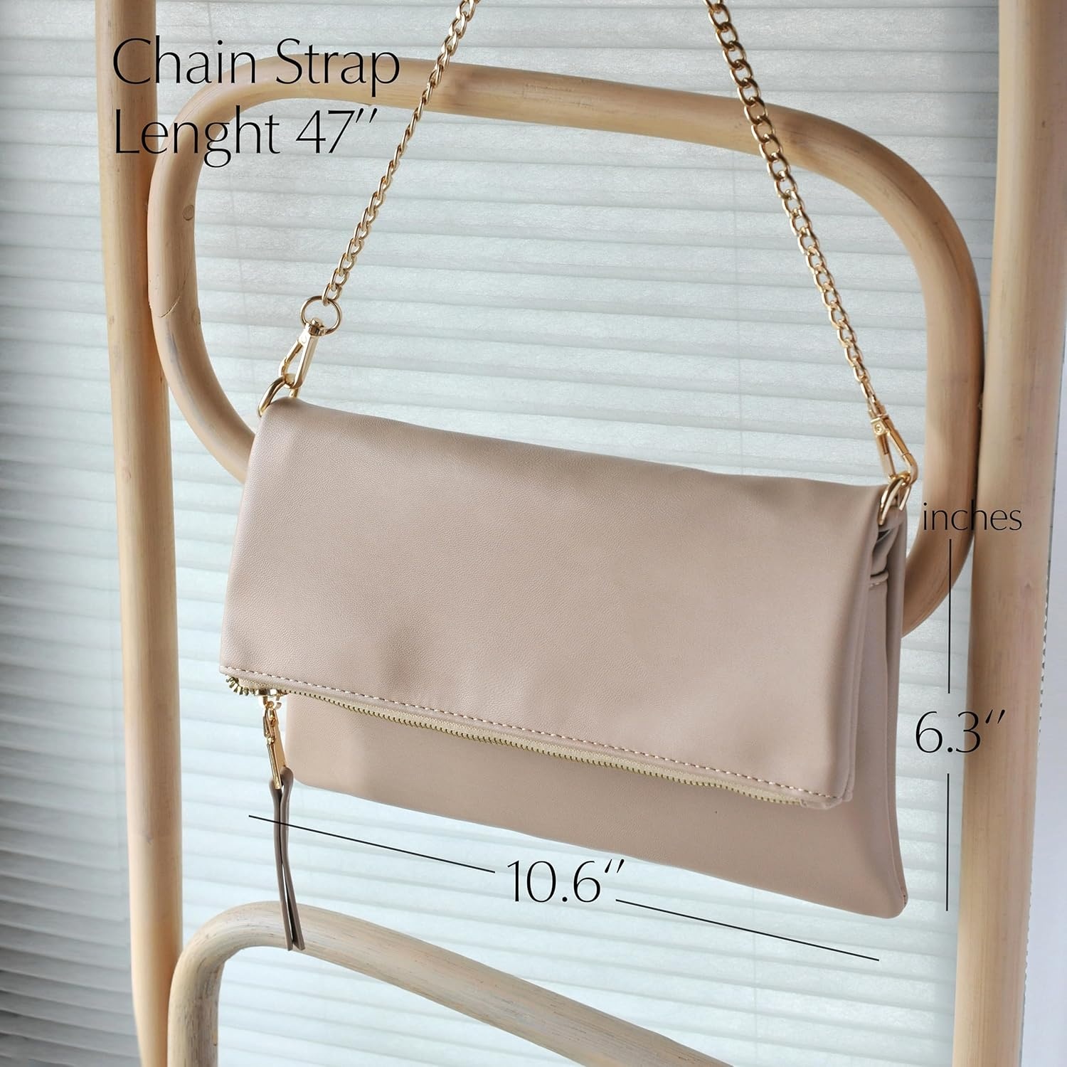 image:imageWomens Zipper Foldover Clutch Vegan Leather Envelope Cross body Bag with Chain StrapNude