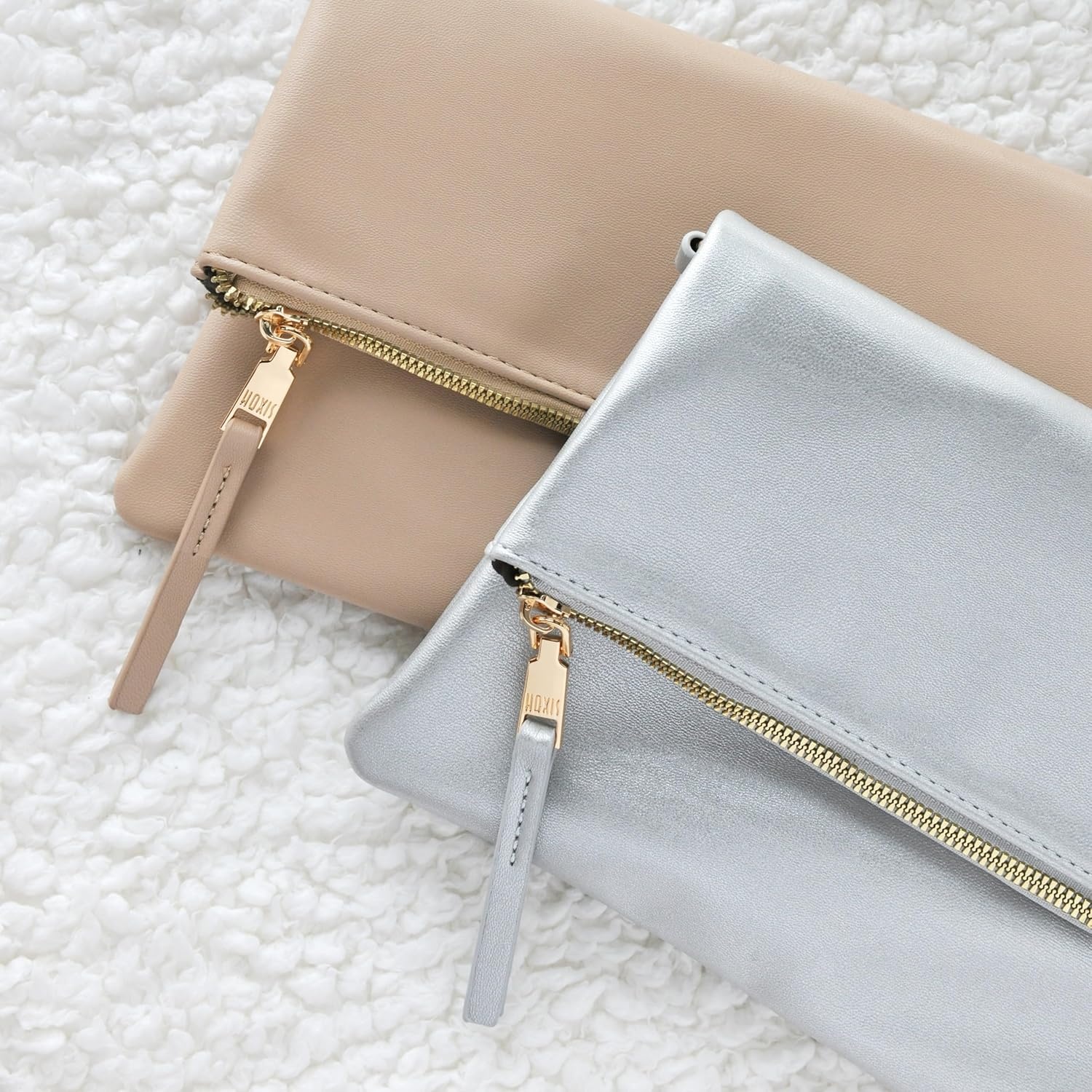 image:imageWomens Zipper Foldover Clutch Vegan Leather Envelope Cross body Bag with Chain StrapNude
