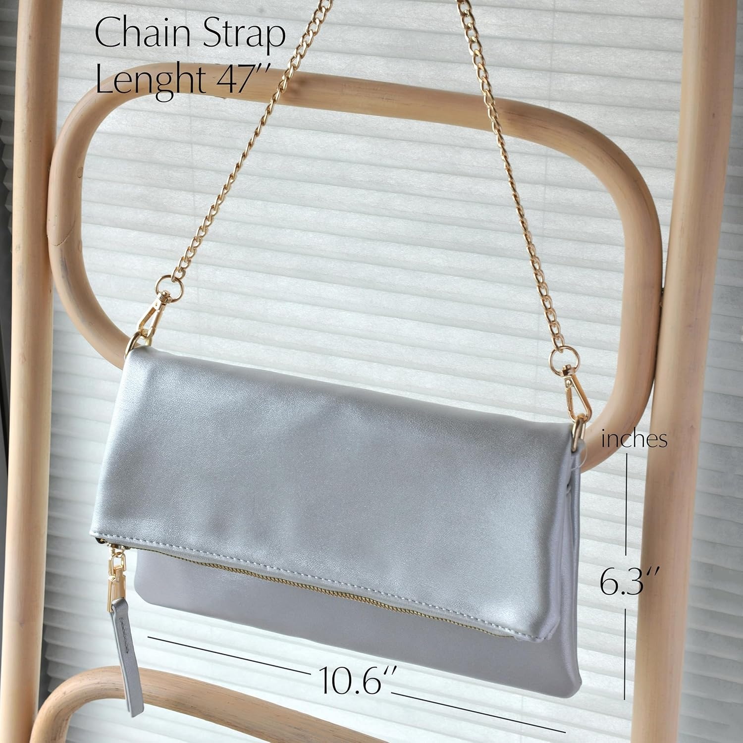 image:imageWomens Zipper Foldover Clutch Vegan Leather Envelope Cross body Bag with Chain StrapSilver