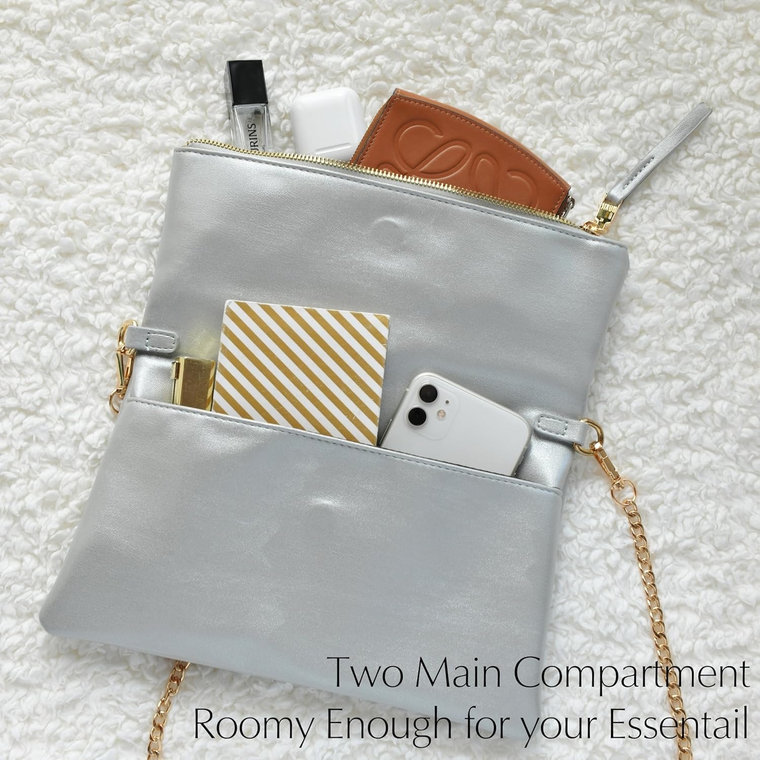 image:imageWomens Zipper Foldover Clutch Vegan Leather Envelope Cross body Bag with Chain StrapSilver