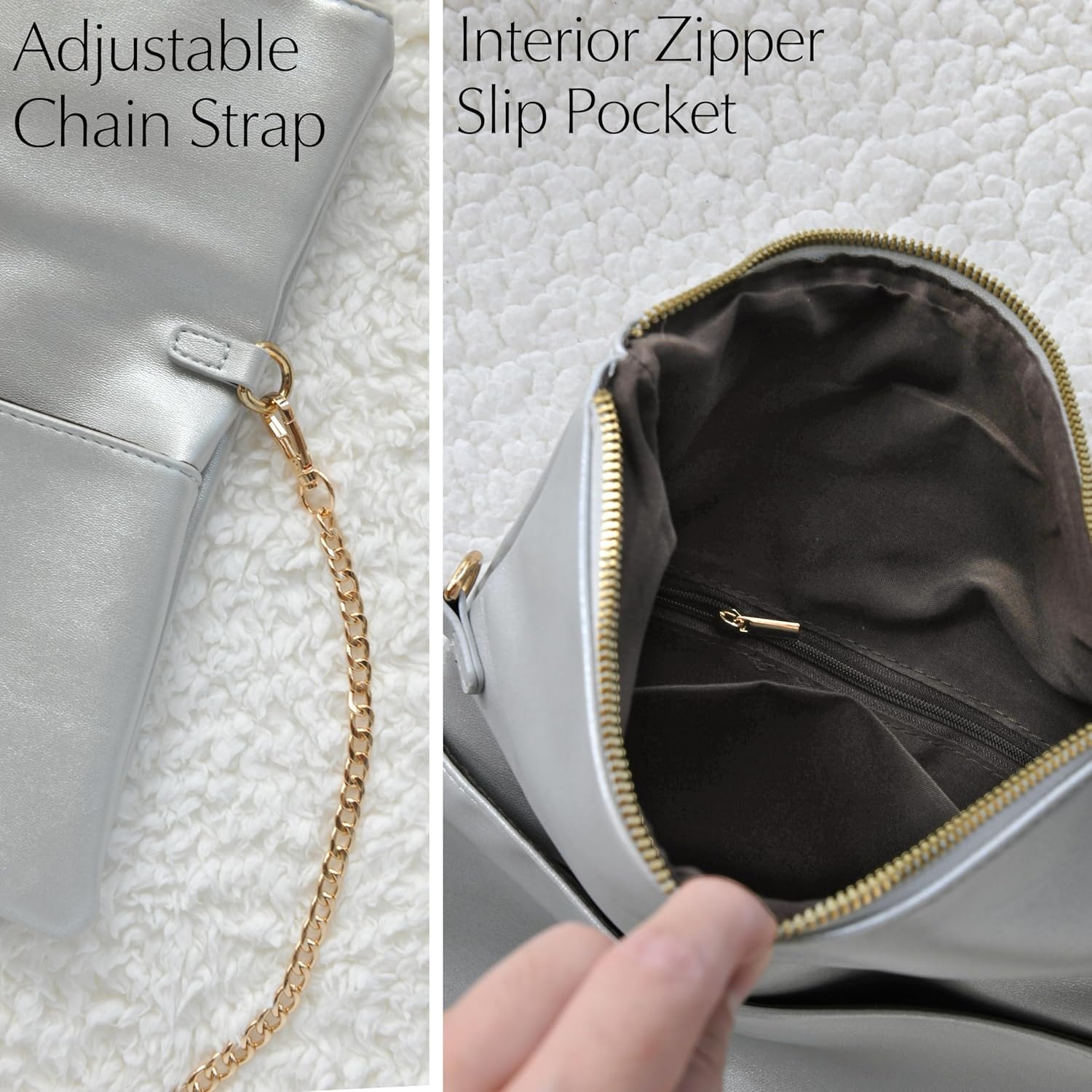 image:imageWomens Zipper Foldover Clutch Vegan Leather Envelope Cross body Bag with Chain StrapSilver
