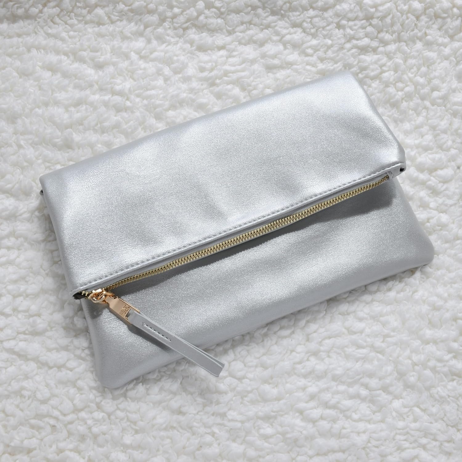 image:imageWomens Zipper Foldover Clutch Vegan Leather Envelope Cross body Bag with Chain StrapSilver