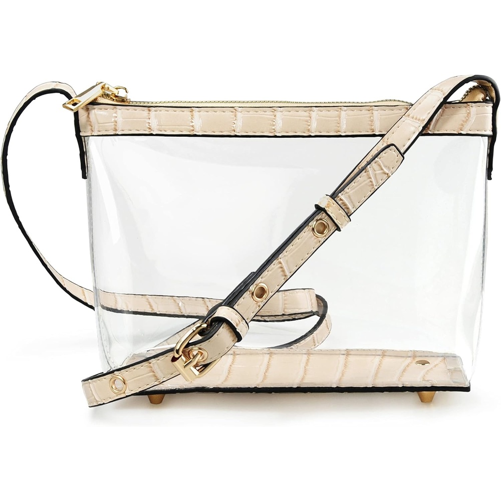 image:imageClear Zipper Cross Body Bag with Vegan Leather TrimNude Crocodile Print