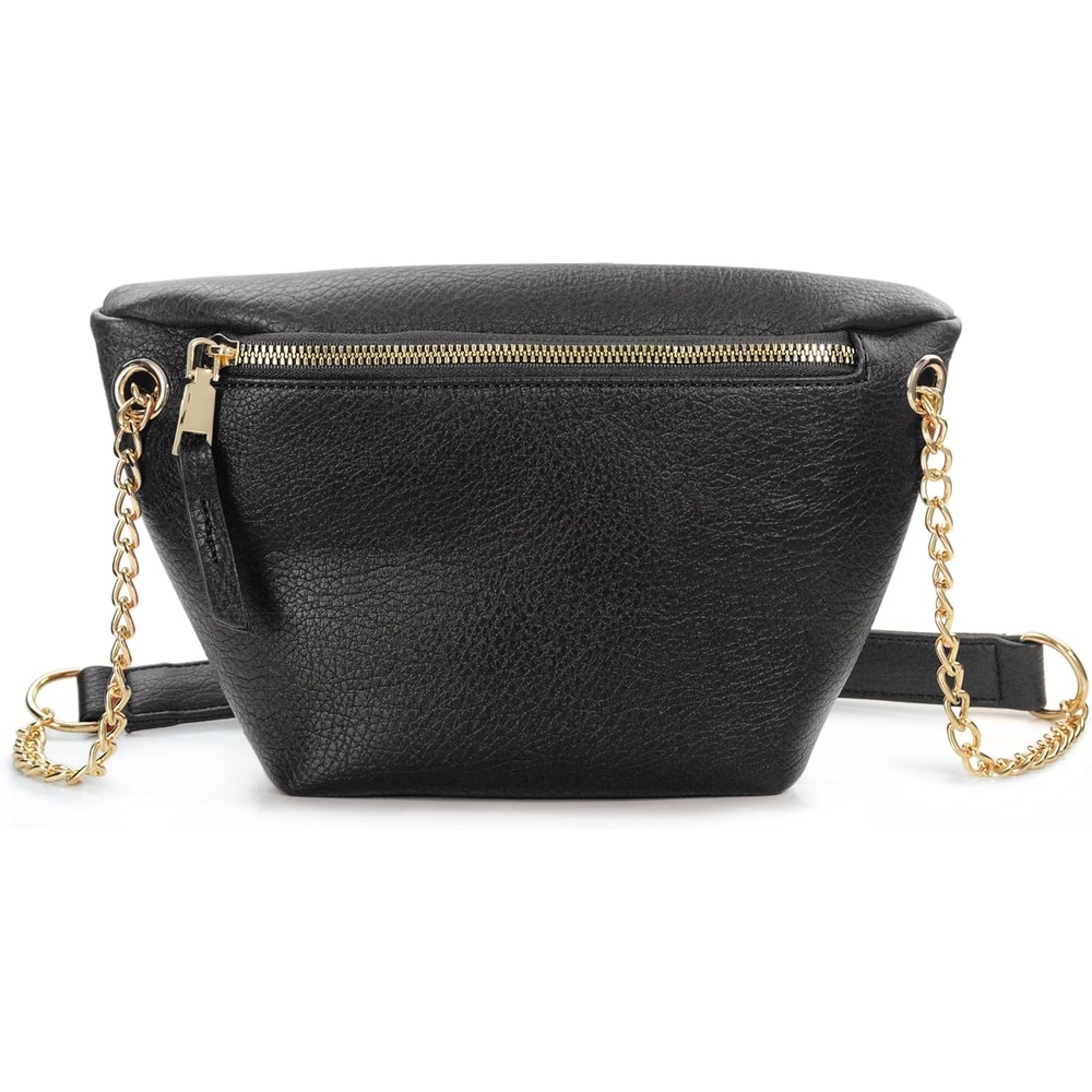 image:imageFanny Pack for Women Vegan Leather Cross body Chain Belt Purse Chest Bag Bum Hip Waist Pack for Travel Outdoor Hiking Black