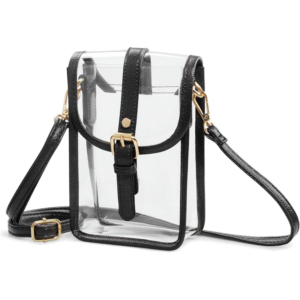 image:imageHOXIS Clear PVC Saddle Crossbody Bag for Stadium Approved Womens Transparent Purse Small Size Chain Shoulder Bag Phone PouchBlack