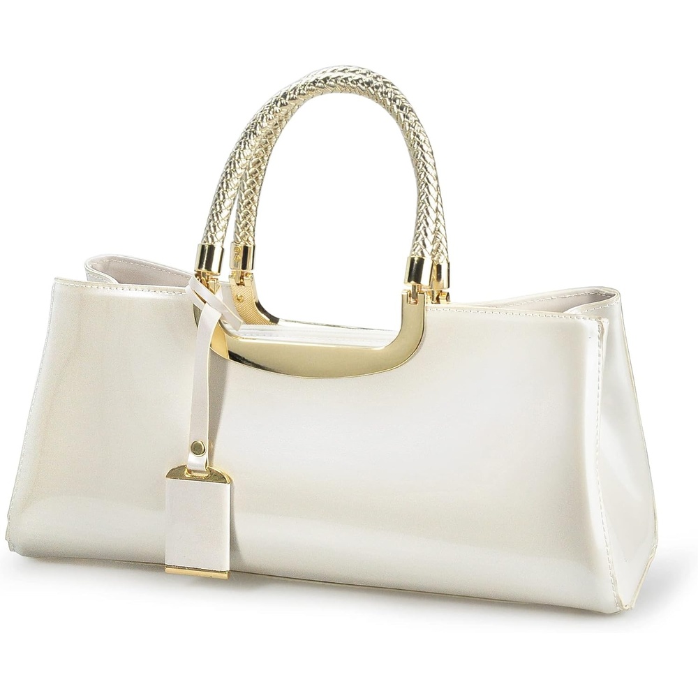 image:imageHOXIS Glossy Faux Patent Leather Structured Shoulder Handbag Women Evening Party SatchelBeige