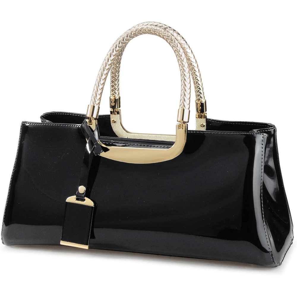 image:imageHOXIS Glossy Faux Patent Leather Structured Shoulder Handbag Women Evening Party SatchelBlack