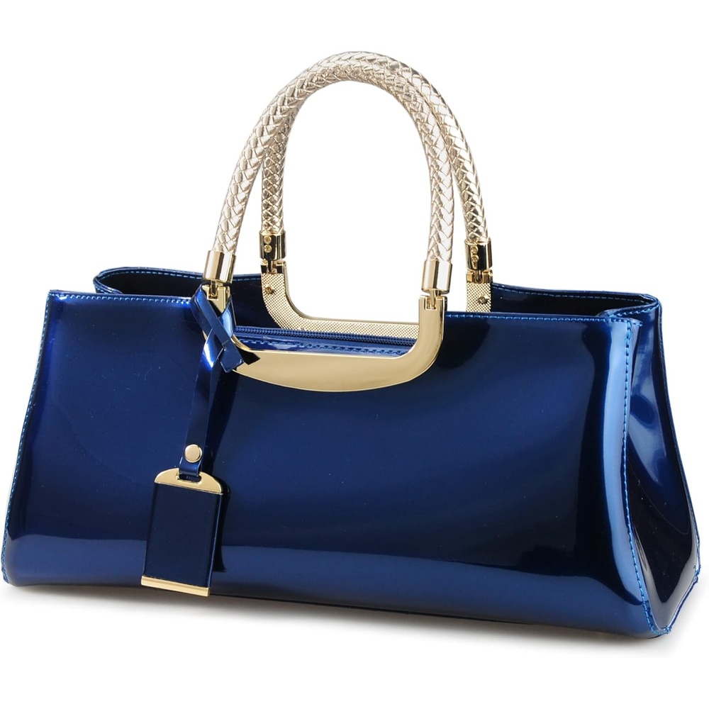 image:imageHOXIS Glossy Faux Patent Leather Structured Shoulder Handbag Women Evening Party SatchelNavy