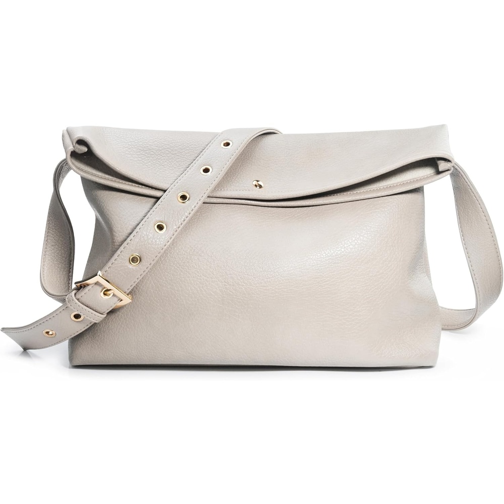 image:imageHOXIS Messenger Bag for Women Crossbody Purse Vegan Leather Foldover Shoulder HandbagIvory