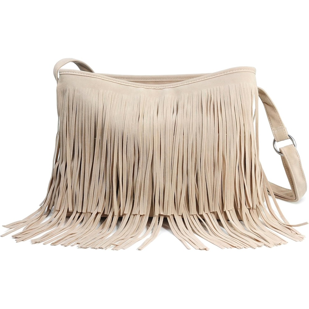 image:imageHOXIS Tassel Faux Suede Leather Hobo Cross Body Shoulder Bag Womens Sling BagNude