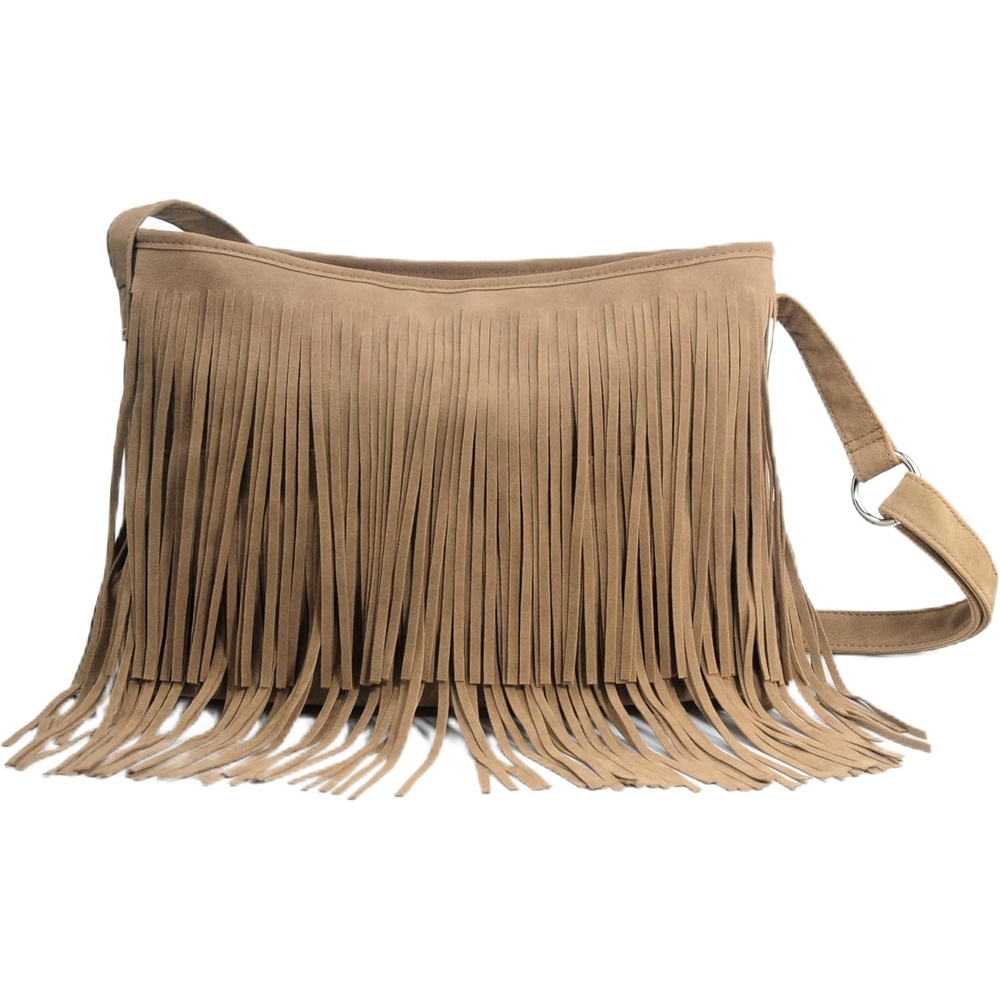 image:imageHOXIS Tassel Faux Suede Leather Hobo Cross Body Shoulder Bag Womens Sling BagTan