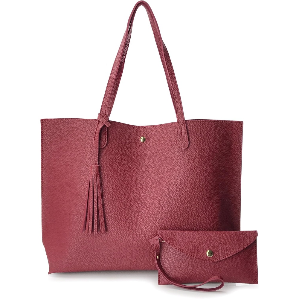 image:imageMinimalist Clean Cut Pebbled Faux Leather Tote Womens Shoulder HandbagDark Red