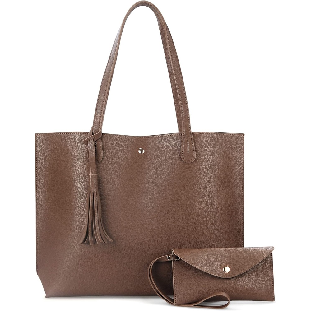 image:imageMinimalist Clean Cut Pebbled Faux Leather Tote Womens Shoulder HandbagMocha