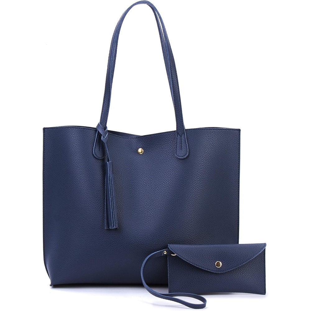 image:imageMinimalist Clean Cut Pebbled Faux Leather Tote Womens Shoulder HandbagNavy