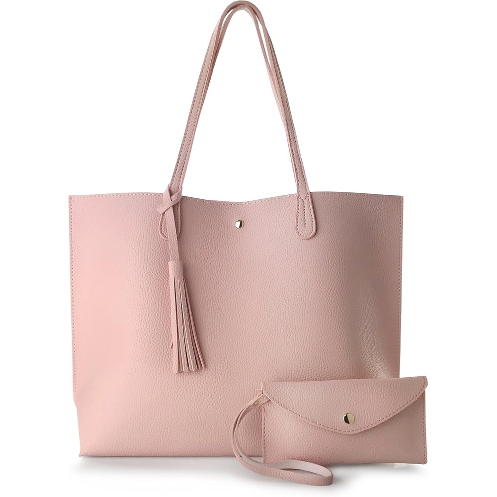image:imageMinimalist Clean Cut Pebbled Faux Leather Tote Womens Shoulder HandbagPink