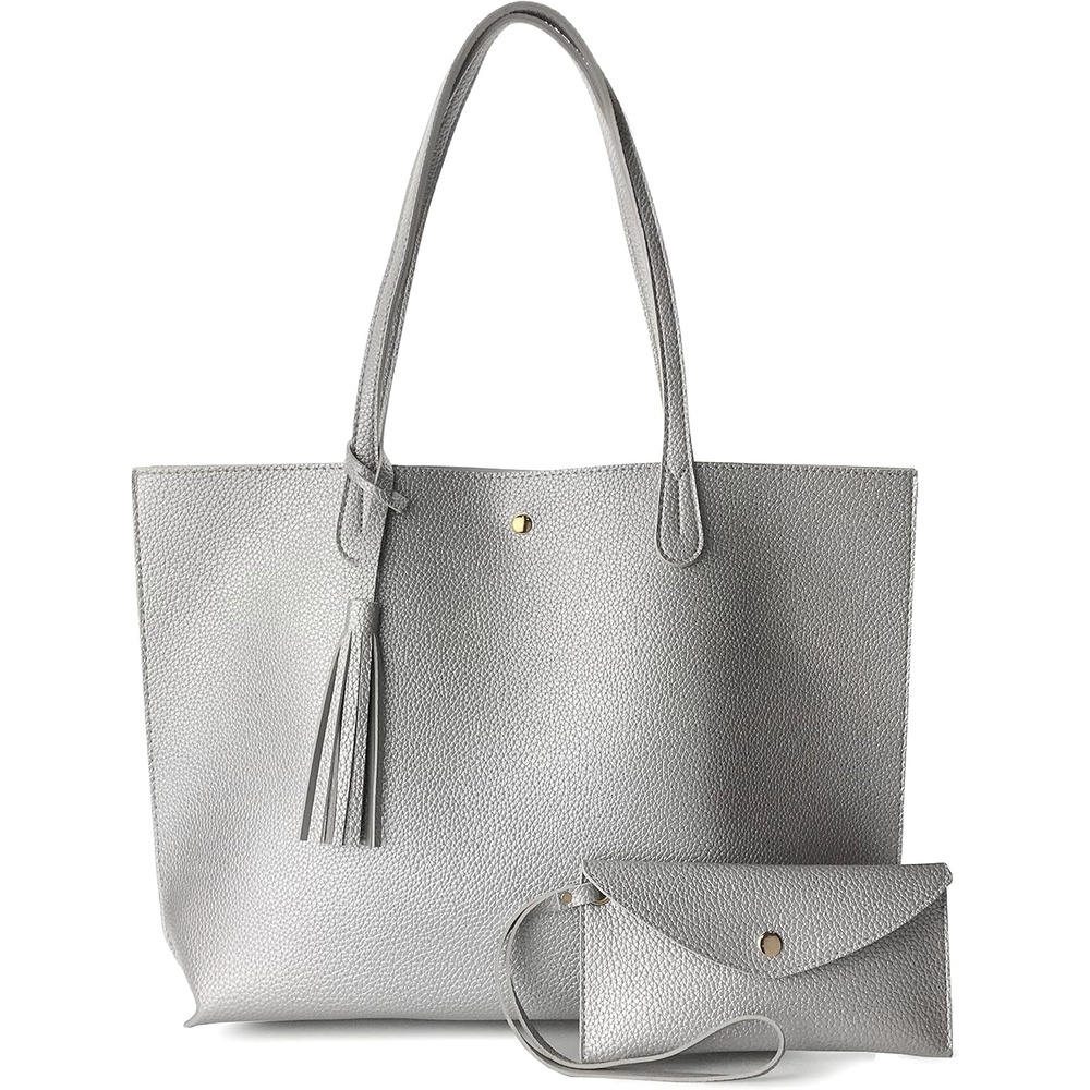 image:imageMinimalist Clean Cut Pebbled Faux Leather Tote Womens Shoulder HandbagSilver