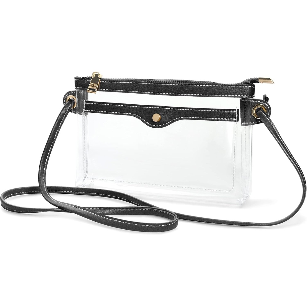 image:imageWomens Clear PVC Cross Body Bag Pocket Shoulder Bag with Vegan Leather Trim Transparent Zipper Purse Stadium ApprovedBlack