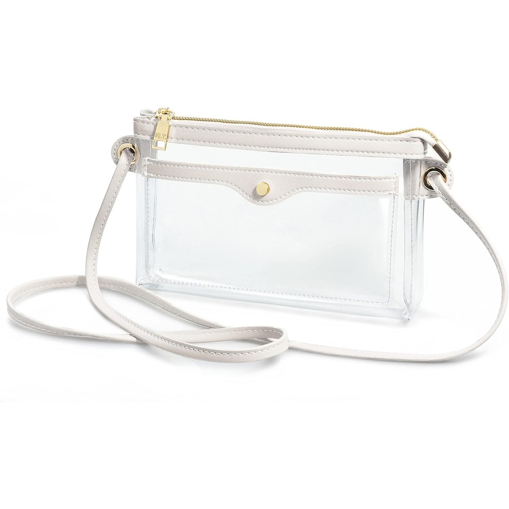 image:imageWomens Clear PVC Cross Body Bag Pocket Shoulder Bag with Vegan Leather Trim Transparent Zipper Purse Stadium ApprovedIvory