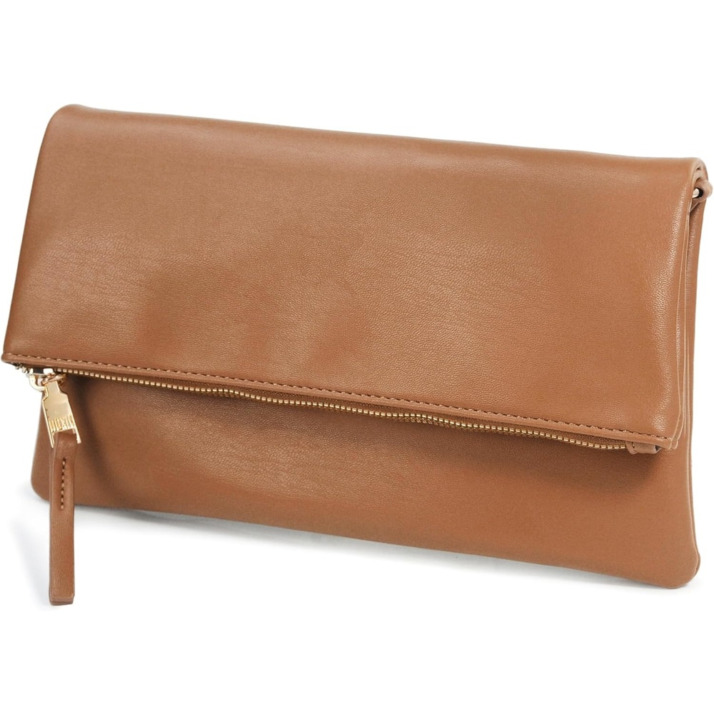 image:imageWomens Zipper Foldover Clutch Vegan Leather Envelope Cross body Bag with Chain StrapBrown