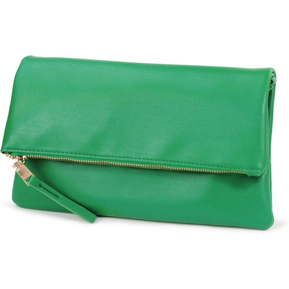 image:imageWomens Zipper Foldover Clutch Vegan Leather Envelope Cross body Bag with Chain StrapGreen