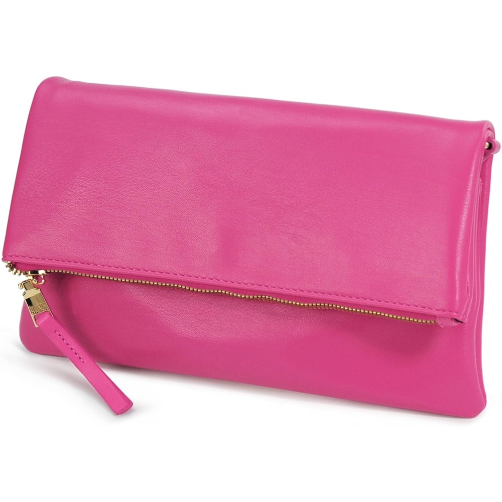 image:imageWomens Zipper Foldover Clutch Vegan Leather Envelope Cross body Bag with Chain StrapHot Pink