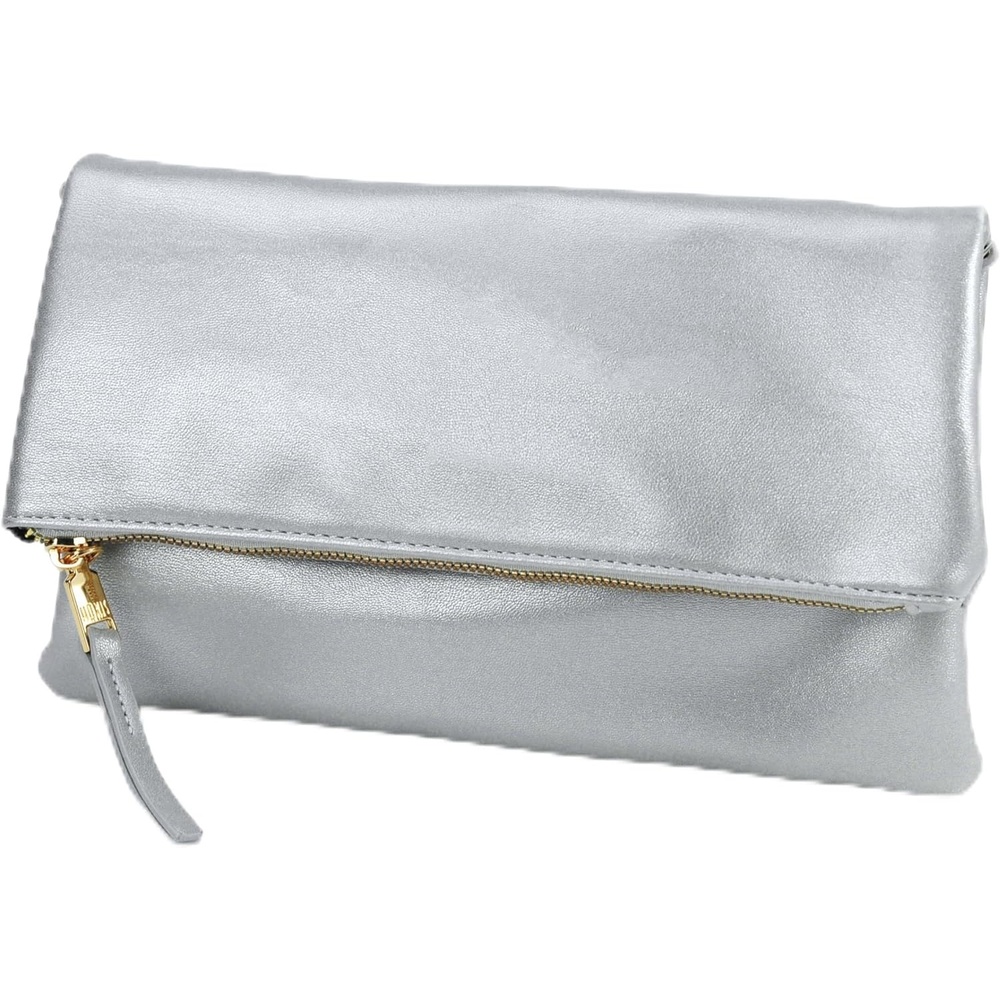 image:imageWomens Zipper Foldover Clutch Vegan Leather Envelope Cross body Bag with Chain StrapSilver