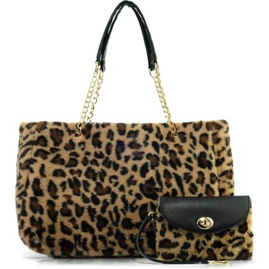 image:imageFur Carryall Tote Bag with Wristlet Clutch Women Chain Shoulder Handbag