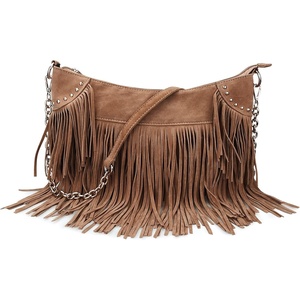 image:imageHOXIS Studded Tassel Faux Suede Leather Hobo Cross Body Chain Shoulder Bag Womens SatchelBrown