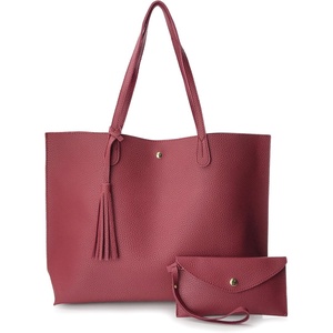 image:imageMinimalist Clean Cut Pebbled Faux Leather Tote Womens Shoulder HandbagDark Red