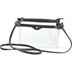 image:imageWomens Clear PVC Cross Body Bag Pocket Shoulder Bag with Vegan Leather Trim Transparent Zipper Purse Stadium ApprovedBlack