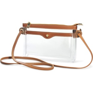image:imageWomens Clear PVC Cross Body Bag Pocket Shoulder Bag with Vegan Leather Trim Transparent Zipper Purse Stadium ApprovedBrown