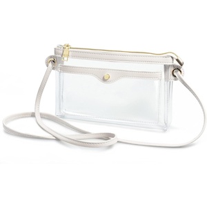 image:imageWomens Clear PVC Cross Body Bag Pocket Shoulder Bag with Vegan Leather Trim Transparent Zipper Purse Stadium ApprovedIvory