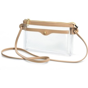 image:imageWomens Clear PVC Cross Body Bag Pocket Shoulder Bag with Vegan Leather Trim Transparent Zipper Purse Stadium ApprovedNude
