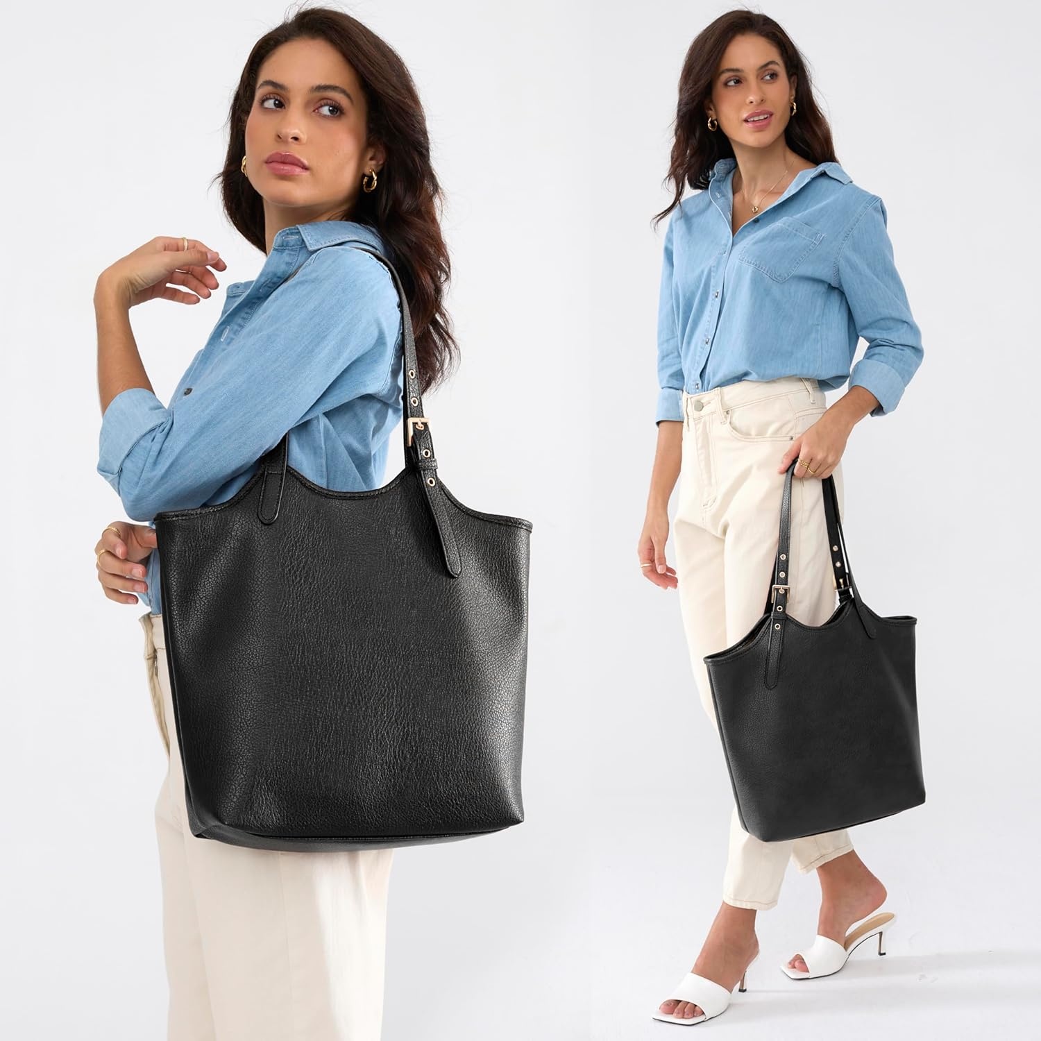 image:imageHOXIS Tote Bag for Women with Adjustable Handles Soft Vegan Leather Shoulder Handbag for Work Travel amp Everyday UseBlack
