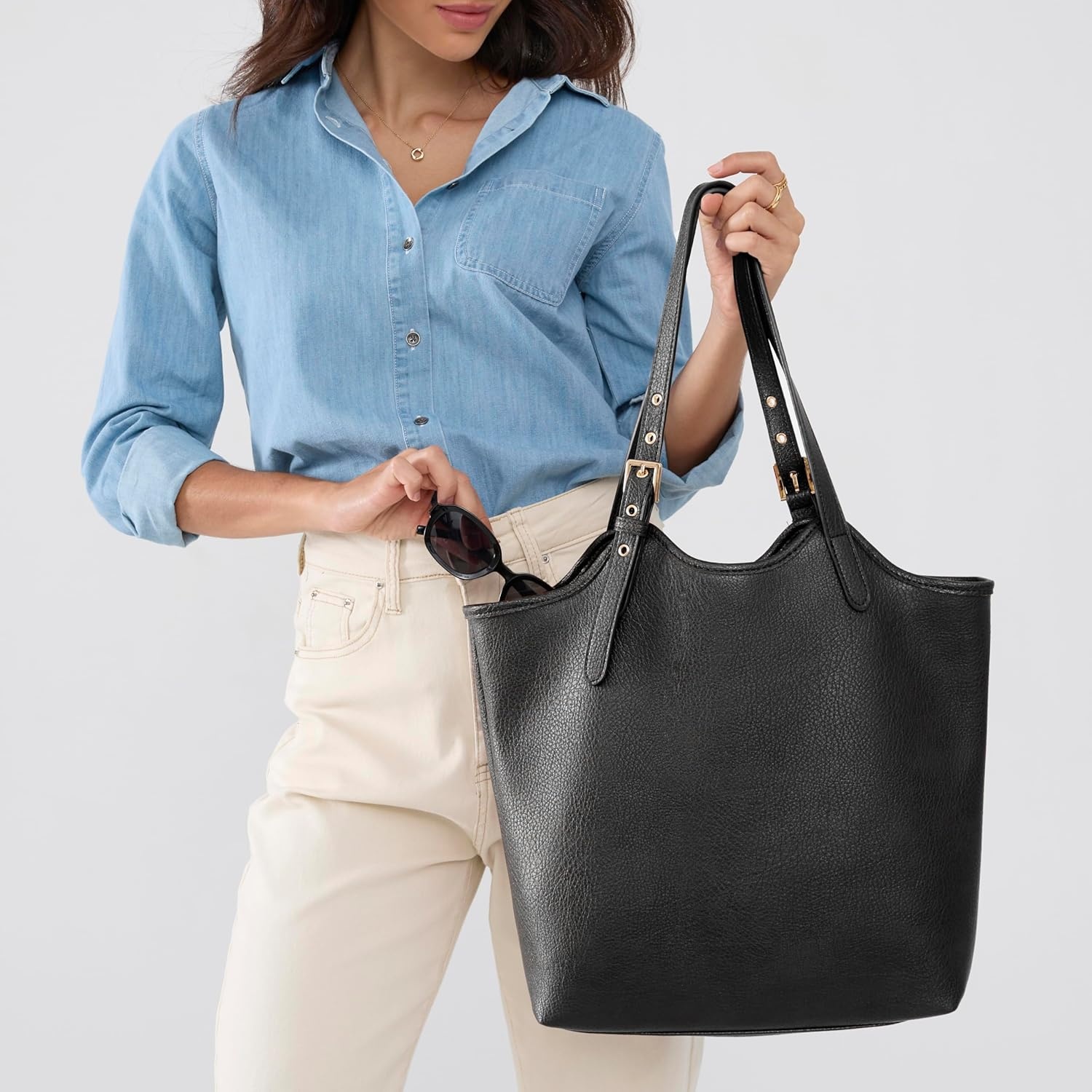 image:imageHOXIS Tote Bag for Women with Adjustable Handles Soft Vegan Leather Shoulder Handbag for Work Travel amp Everyday UseBlack